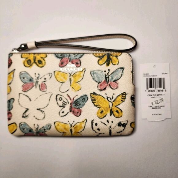 NWT Coach CAQ55 Corner Zip Wristlet Chalk Yellow Butterfly Printed Canvas V3 - Picture 1 of 3